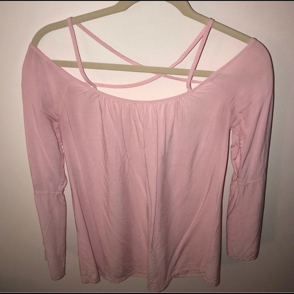 Tobi Cold Shoulder Rose Cross Strap Top S Pink